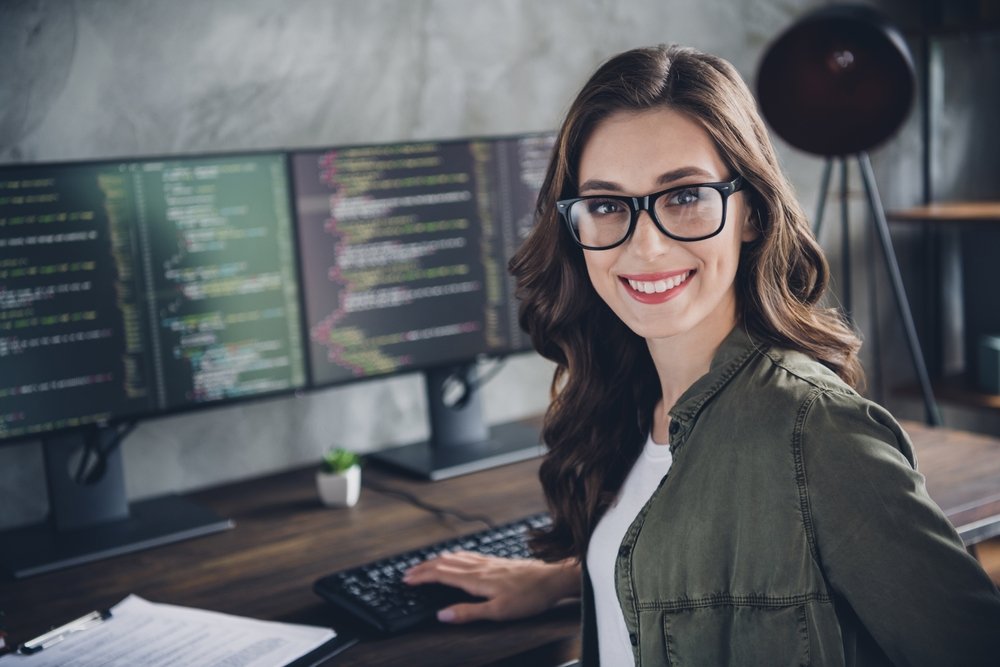 Portrait,Of,Cheerful,Intelligent,Manager,Lady,Toothy,Smile,Operating,Pc